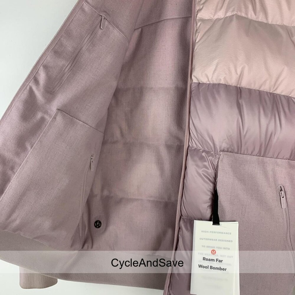 Lululemon Roam Far Reversible Wool Bomber Puffer Jacket - Porcelain Pink, Size 6 - Picture 5 of 8